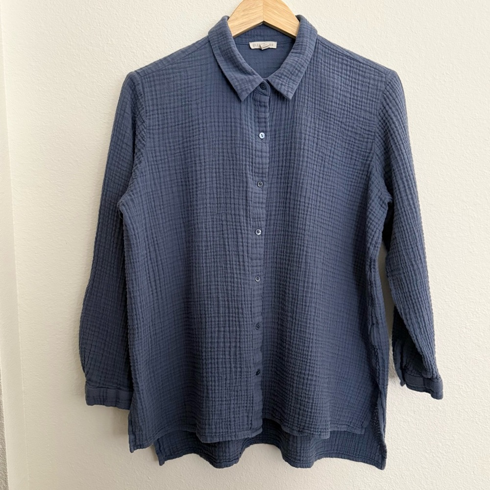* SOLD* Eileen Fisher Organic Cotton Gauze Button Up Top Tunic Petite Large Blue